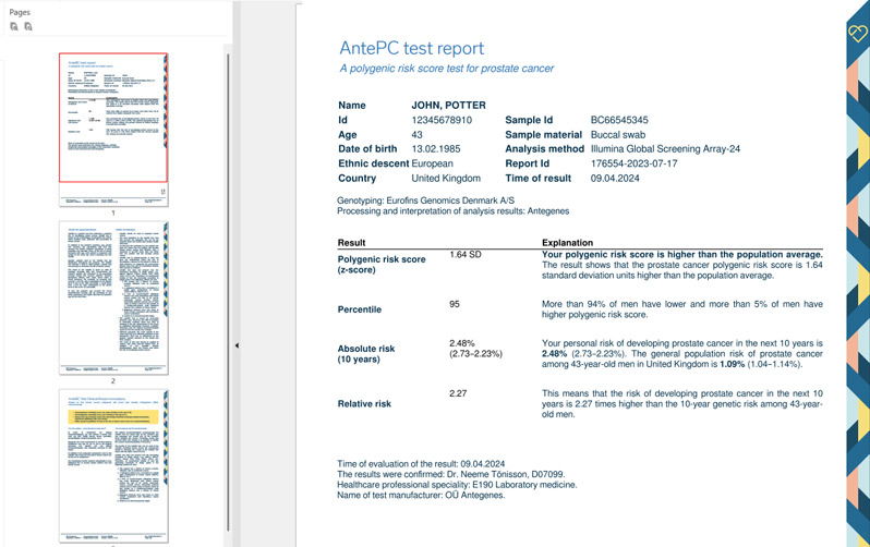 Prostate Cancer Risk Risk Scoring Example Report